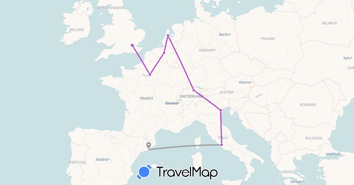 TravelMap itinerary: driving, plane, train in Belgium, Switzerland, Spain, France, United Kingdom, Italy, Netherlands (Europe)