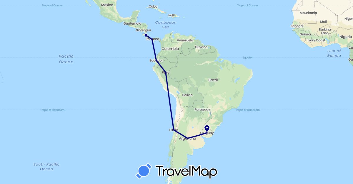 TravelMap itinerary: driving in Argentina, Chile, Costa Rica, Ecuador, Panama, Peru, Uruguay (North America, South America)