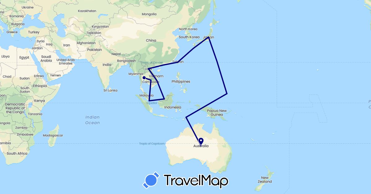 TravelMap itinerary: driving in Australia, Micronesia, Japan, Cambodia, Laos, Malaysia, Singapore, Thailand, East Timor, Taiwan, Vietnam (Asia, Oceania)